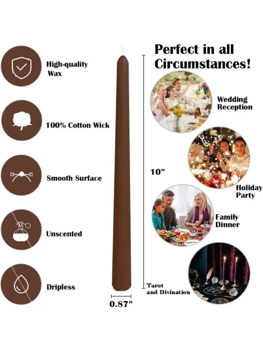 12-Pack Unscented Brown Taper Candles, 10 Inch Dripless, Long-Lasting for Home